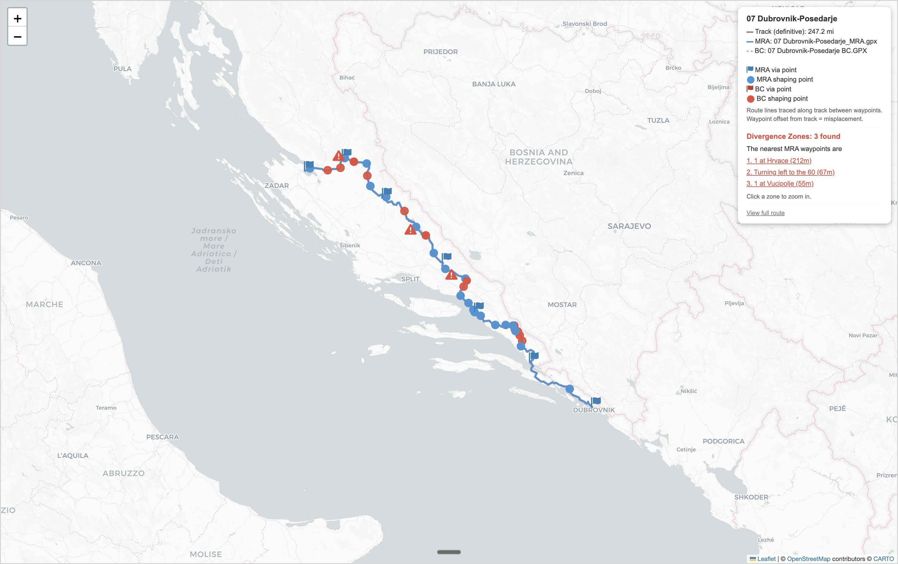Route Doctor comparison map showing the Dubrovnik-Posedarje route with divergence zones flagged